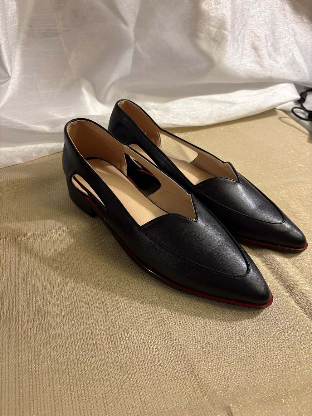 Black Pointed Toe Cut-Out Flats with Low Heel